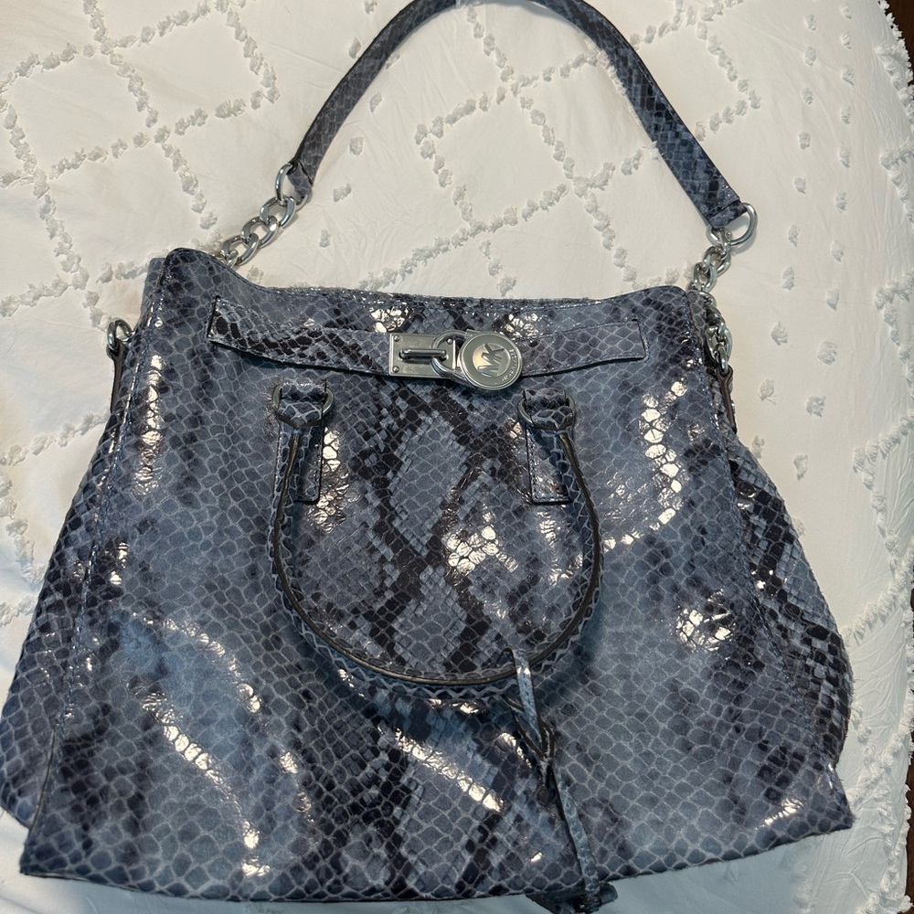 Michael Kors Shiny Snake Print Shoulder Bag - Gray and Blue- Gorgeous